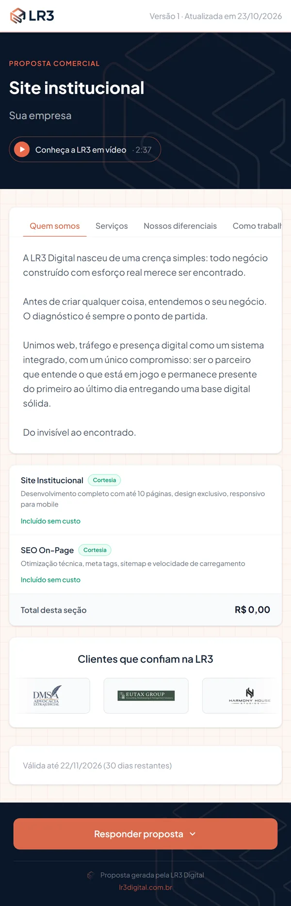 Proposta comercial da LR3 Digital aberta no navegador